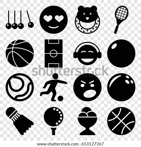 Ball icons set. set of 16 ball filled icons such as baby toy, emot in love, angry emot, emoji, ice cream ball, football pitch, tennis rocket, golf ball, football player