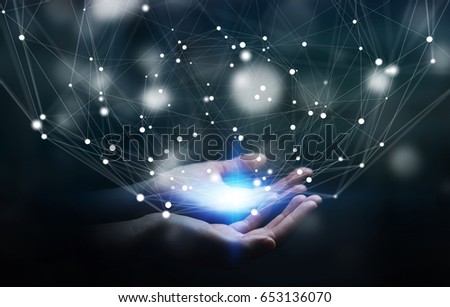 Businessman on blurred background using flying network connection interface 3D rendering