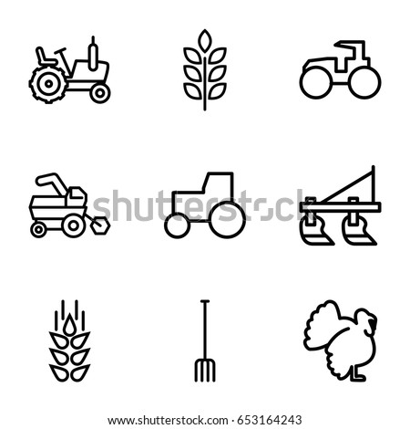 Agricultural icons set. set of 9 agricultural outline icons such as turkey, wheat, tractor