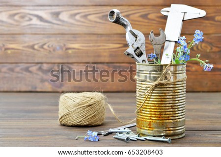 Happy Fathers Day card with tools in rusty can