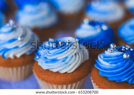Beautiful blue colored decorated candy table baked sweet tasty cupcake cupcakes on a party, beautifully decorated catering banquet table with different candy sweet delicacy
