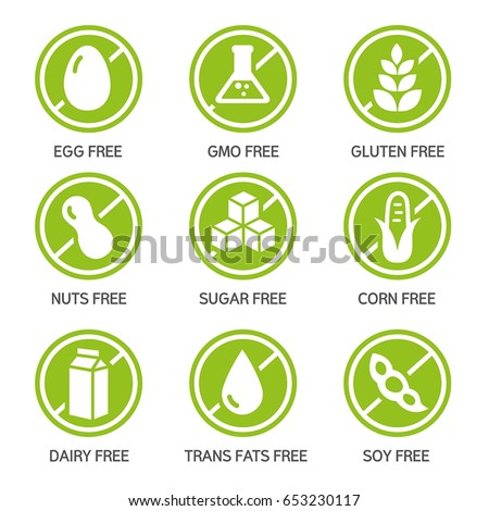 Set of food labels - allergens, GMO free products.