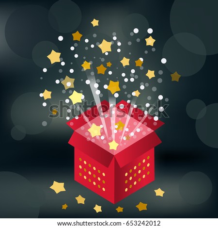 Magic background with open box, stars and sparkles