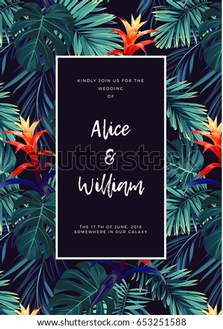 Floral wedding invitation with guzmania flowers, monstera and royal palm leaves. Exotic hawaiian vector background. Royalty-Free Stock Photo #653251588