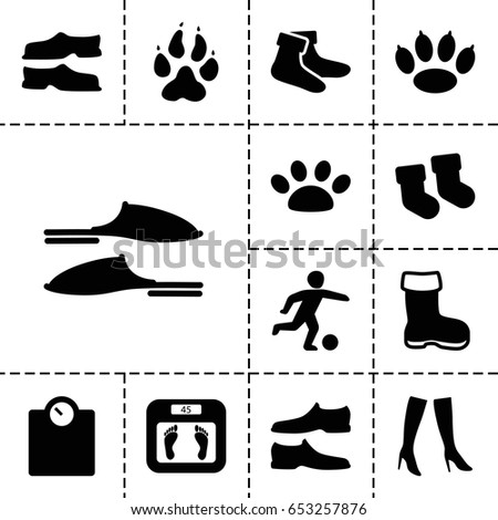 Set of 13 filled foot icons such as boot, animal paw, baby socks