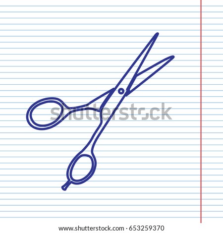 Hair cutting scissors sign. Vector. Navy line icon on notebook paper as background with red line for field.