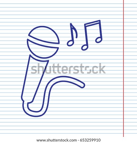 Microphone sign with music notes. Vector. Navy line icon on notebook paper as background with red line for field.