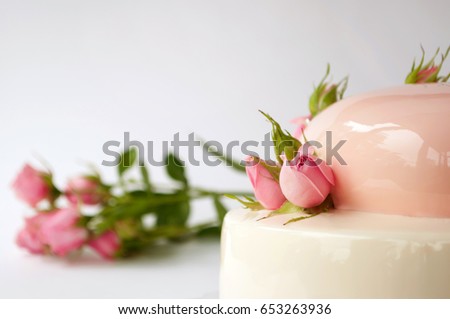Two-tiered modern french mousse cake with pink mirror glaze in the shape of a heart decorated with roses on a white background. Picture for a menu or a confectionery catalog. Close-up. Text space.