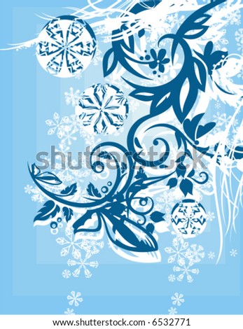 Abstract winter grunge background with floral ornamental details and snowflakes, vector illustration series.