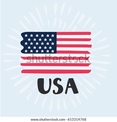 Vector cartoon illustration. Flag of USA. Checkpoint symbol for travelers. Sticker with hand drawn lettering name of the country for greeting cards, posters, patches, prints for clothes, emblems
