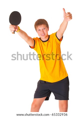 Handsome teenage in yellow T-shirt playing ping pong