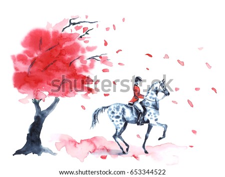 Watercolor autumn tree with red leaves and rider and on dapple grey horse on white. Hand drawing leaf fall and rider man. England equestrian sport illustration. Royalty-Free Stock Photo #653344522