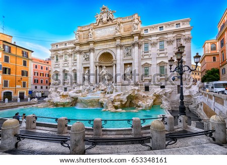 Trevi Fountain (Fontana di Trevi) in Rome, Italy. Trevi is most famous fountain of Rome. Architecture and landmark of Rome, Postcard of Rome Royalty-Free Stock Photo #653348161