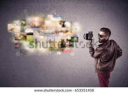 A funny stylish hipster guy capturing moments and memories with a retro photo camera illustration concept