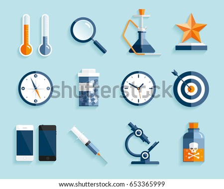 Icons set in flat style, Twelve different images on color background. Vector design element for you project