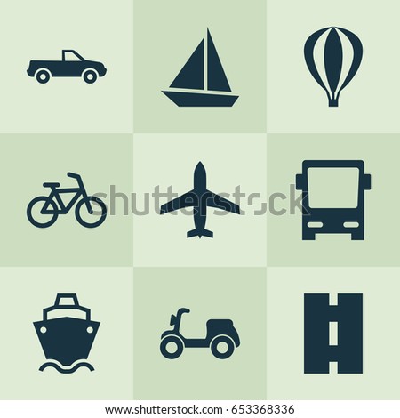 Transportation Icons Set. Collection Of Bicycle, Tanker, Omnibus And Other Elements. Also Includes Symbols Such As Sail, Moped, Way.