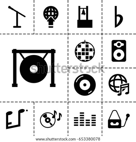 Music icon. set of 13 filled musicicons such as disc on fire, speaker, microphone, gong, international music, bemol, music note, equalizer, bell, disco ball