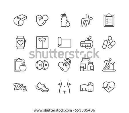 Simple Set of Fitness Related Vector Line Icons. 
Contains such Icons as Workout, Sleep, Diet Plan, Sport Supplements, Nutrition and more.
Editable Stroke. 48x48 Pixel Perfect. Royalty-Free Stock Photo #653385436