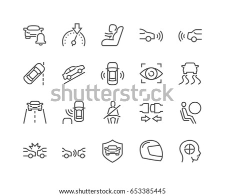 Simple Set of  Car Safety Related Vector Line Icons. 
Contains such Icons as Baby Cheat, Lane Control, Front and Back Parking Sensors and more.
Editable Stroke. 48x48 Pixel Perfect.