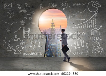 Businessman walking towards keyhole in business concept Royalty-Free Stock Photo #653394580