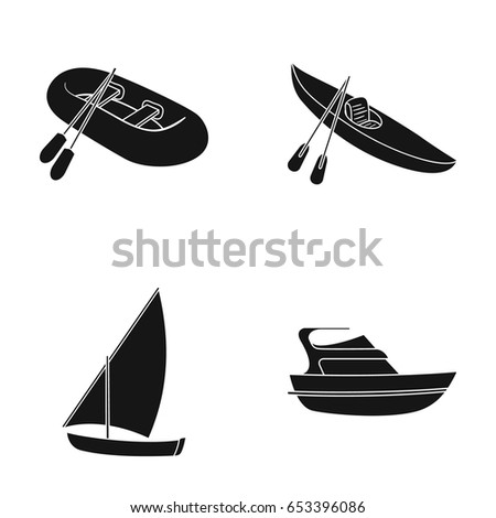 A rubber fishing boat, a kayak with oars, a fishing schooner, a motor yacht.Ships and water transport set collection icons in black style vector symbol stock illustration web.