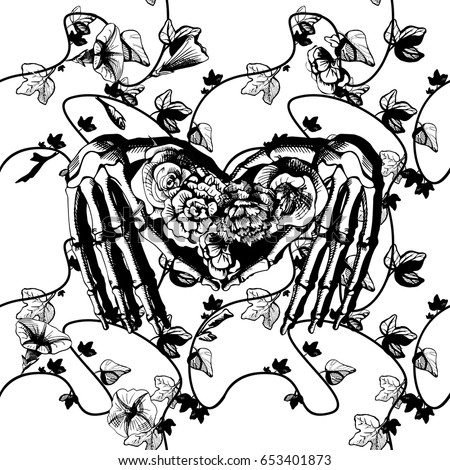 Vector illustration of a skeleton hands making heart, surrounded and covered with plants and flowers. Vintage engraving style, black and white, good for silk screen printing