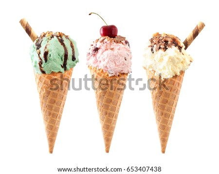 Pistachio, cherry and vanilla ice cream with topping in waffle cones isolated on a white background