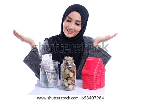 Beauty smiling Asian woman with savings, finances, economy and home concept