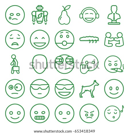 Character icons set. set of 25 character outline icons such as dog, face, bust, pear, caterpillar, man with case, smiling emot, laughing emot, emoji listening music, emoji