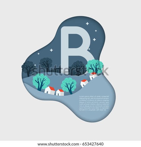 Alphabet in paper cut shapes with trees and mountains in the layers : Vector Illustration