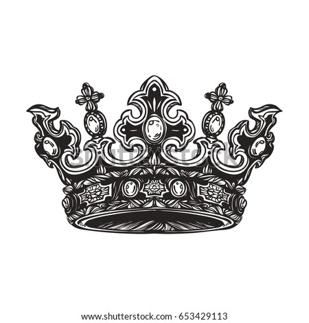 Filigree high detailed imperial crown. Element for design logo, emblem and tattoo. Vector illustration isolated on white background. Coloring book for kids and adults.
