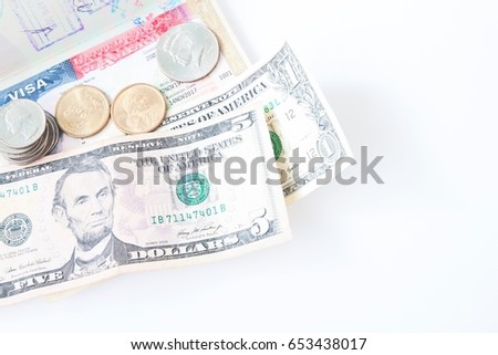 us visa and money on white background with copy space, Travel America concept