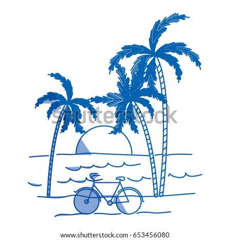 blue shading silhouette of landscape of sea and sunset between palm trees vector illustration
