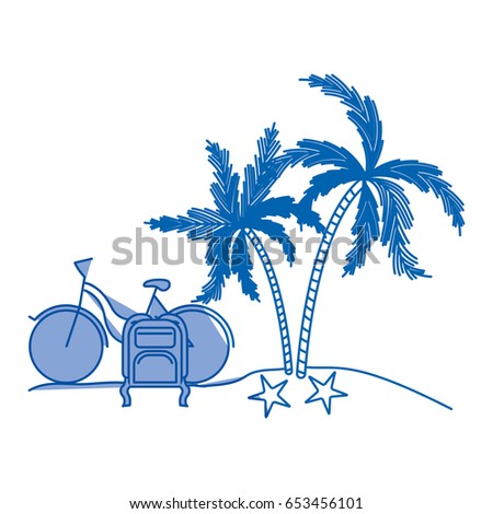 blue shading silhouette of landscape in beach with bike and luggage next to palm trees vector illustration
