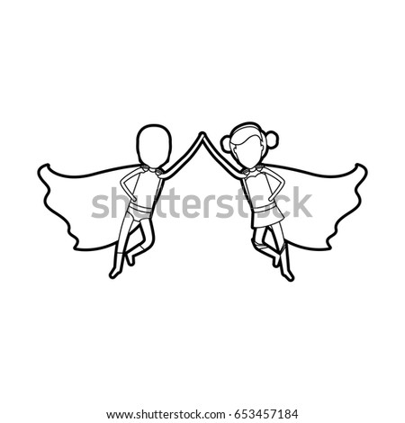 black silhouette of faceless duo of superheroes flying united of the hands and her with collected hair vector illustration