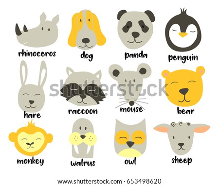 Vector  cute illustration of animal faces. Vector Clip art for Children.