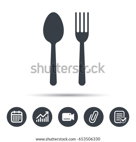 Food icons. Fork and spoon signs. Cutlery symbol. Calendar, chart and checklist signs. Video camera and attach clip web icons. Vector