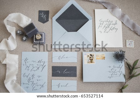 Wedding calligraphy and decor. Wedding invitations, envelope, lace, cards