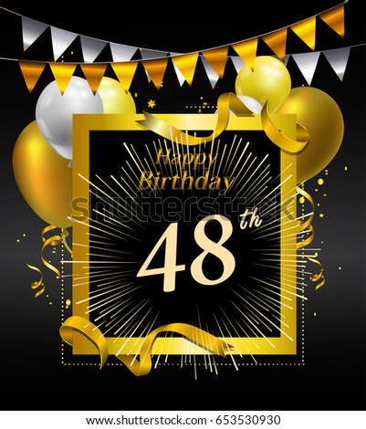 48 years anniversary celebration design. with confetti, balloon and flag golden colored isolated on black background, vector design for greeting card and invitation card