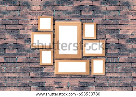 Collage of blank brown wooden frames , interior decor mock up on old brick wall, vintage style.