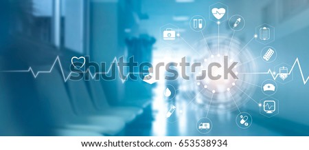 
Medical icon network connection with modern virtual screen interface on hospital background, medicine technology network concept