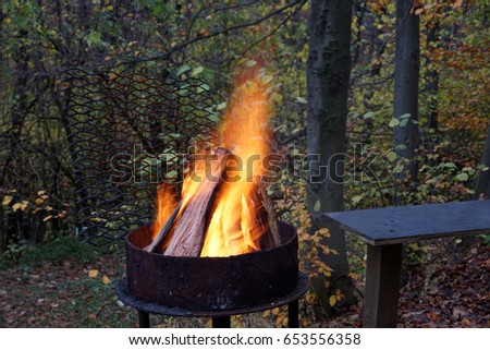 A burning barbecue in the woods