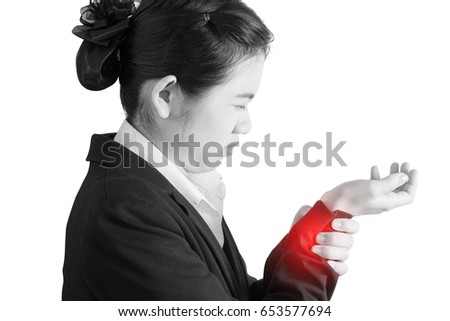 Acute pain in a woman wrist isolated on white background. Clipping path on white background