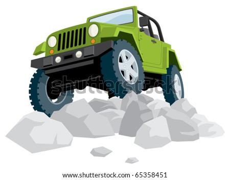 Off-road vehicle over heap of stones.