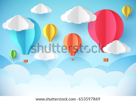 Air balloons in the sky. Template flyer, banner or poster. Paper style.
