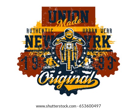 Vector illustration on the theme of mountain bike, cyclist performing a trick on a bicycle, downhill, freeride. Grunge effect, text, inscription. Typography, T-shirt graphics, print, banner, poster.