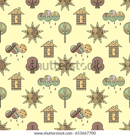 Vector hand drawn seamless pattern, decorative stylized childish house, tree, sun, cloud, rain Doodle style, graphic illustration Childlike cute cartoon, hand drawing in vintage brown colors.