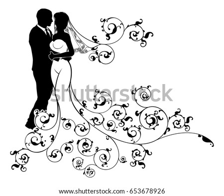 A bride and groom wedding couple in silhouette with a white bridal wedding dress gown with a floral lace pattern around her dress