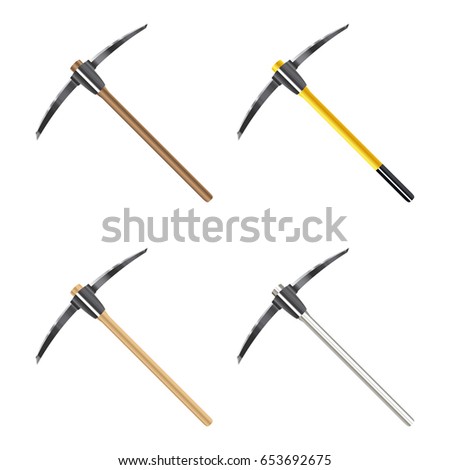 set of wood and steel pickaxe on white background