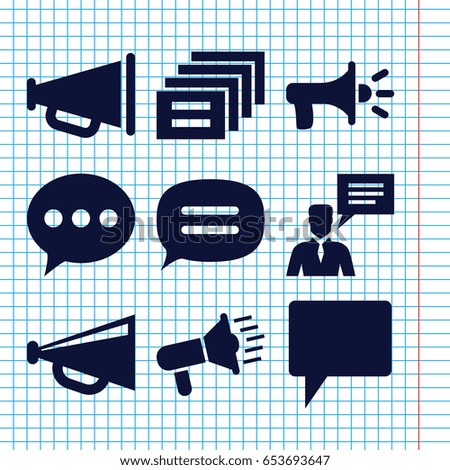 Set of 9 communicate filled icons such as megaphone, chat, man with chat bubblle